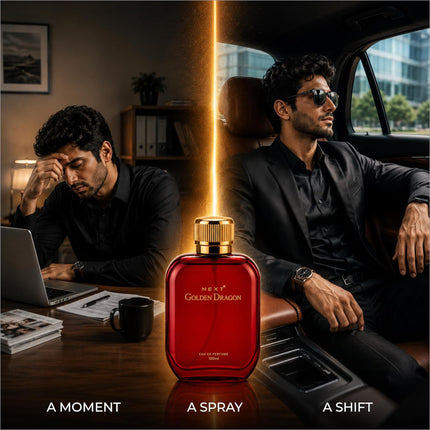A sleek red glass bottle of next golden dragon perfume with a gold cap and minimalist label for skin care