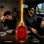 A sleek red glass bottle of next golden dragon perfume with a gold cap and minimalist label for skin care