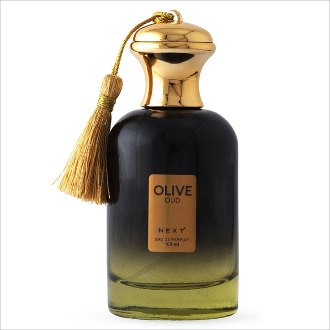 A dark amber glass bottle with a gold cap and tassel labeled olive oud next perfume for skin care use