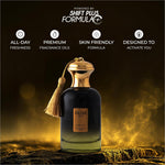 A sleek black glass perfume bottle with gold cap and tassel labeled olive oud next by shift plus formula
