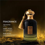 A sleek dark gradient glass perfume bottle with golden cap and tassel labeled olive oud by next for skin care use