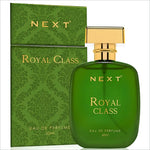 Deep green glass bottle of next royal class eau de parfum with gold cap and embossed branding for perfume and skin care