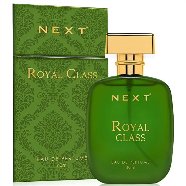 Deep green glass bottle of next royal class eau de parfum with gold cap and embossed branding for perfume and skin care