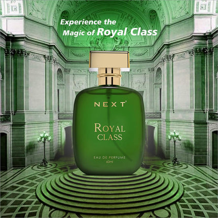 A sleek emerald green glass bottle of next royal class perfume with a polished gold cap and elegant gold lettering