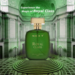 A sleek emerald green glass bottle of next royal class perfume with a polished gold cap and elegant gold lettering