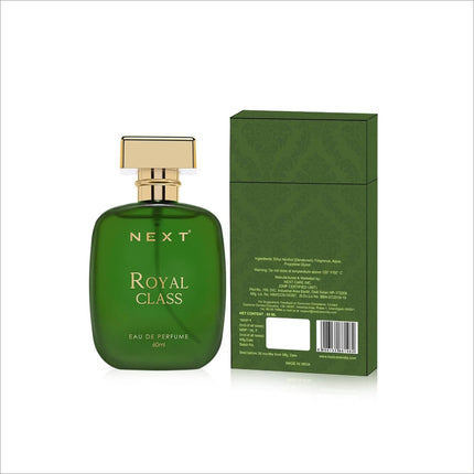 Green glass perfume bottle with gold cap labeled next royal class 30ml eau de parfum for skin care use