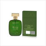 Green glass perfume bottle with gold cap labeled next royal class 30ml eau de parfum for skin care use
