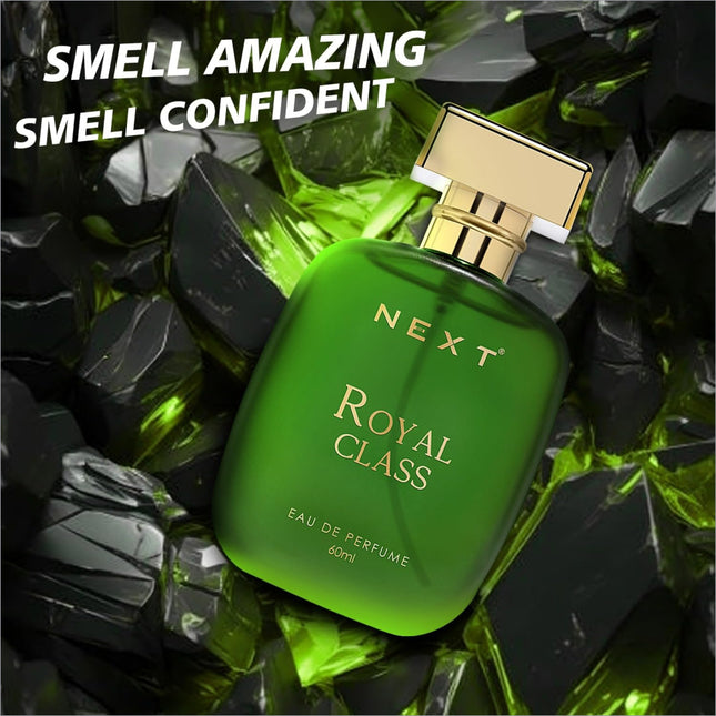 Vibrant green glass bottle of Next Royal Class eau de perfume with gold-toned cap and pump for skin care 60ml