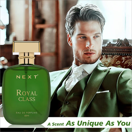 Green glass bottle of next royal class eau de perfume with gold cap and label for skin care fragrance use