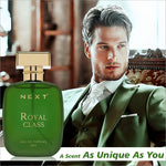 Green glass bottle of next royal class eau de perfume with gold cap and label for skin care fragrance use