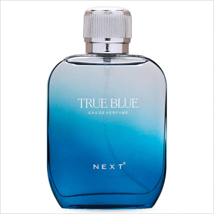 A sleek gradient blue glass bottle of next true blue perfume 100ml ideal for skin care fragrance use