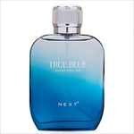 A sleek gradient blue glass bottle of next true blue perfume 100ml ideal for skin care fragrance use