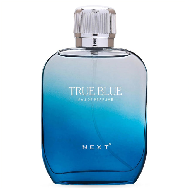 A sleek gradient blue glass bottle of next true blue perfume 100ml ideal for skin care fragrance use