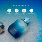 A sleek gradient blue glass bottle of next true blue perfume with a metallic silver ridged cap for skin care use