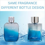 Two blue gradient glass bottles of next true blue eau de parfum 100ml in rounded and rectangular shapes for skin care