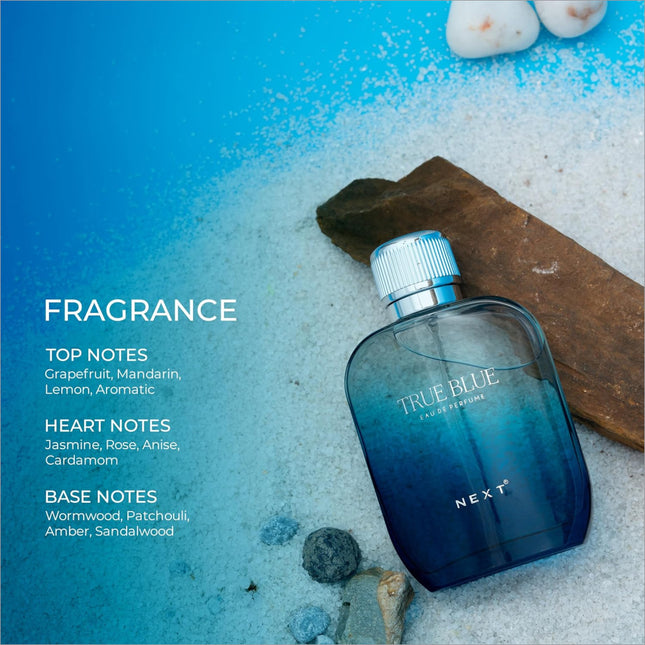 A sleek gradient blue glass bottle of next true blue perfume ideal for skin care and fragrance use 100ml