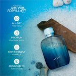 A sleek gradient blue glass bottle of Next true blue perfume 100ml ideal for skin care fragrance use
