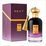 A sleek 100 ml next velvet oud eau de parfum bottle with gradient purple-clear glass and a gold cap with tassel