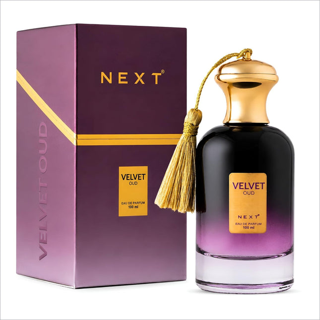 A sleek 100 ml next velvet oud eau de parfum bottle with gradient purple-clear glass and a gold cap with tassel