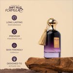 A sleek gradient purple glass perfume bottle with a gold cap and tassel labeled velvet oud by next oud eau