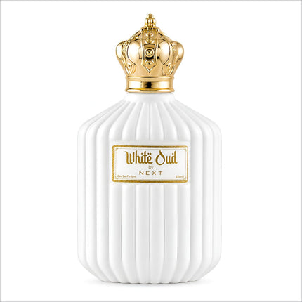 White oud perfume in a white ceramic bottle with gold crown cap and ribbed design by Next for skin care use