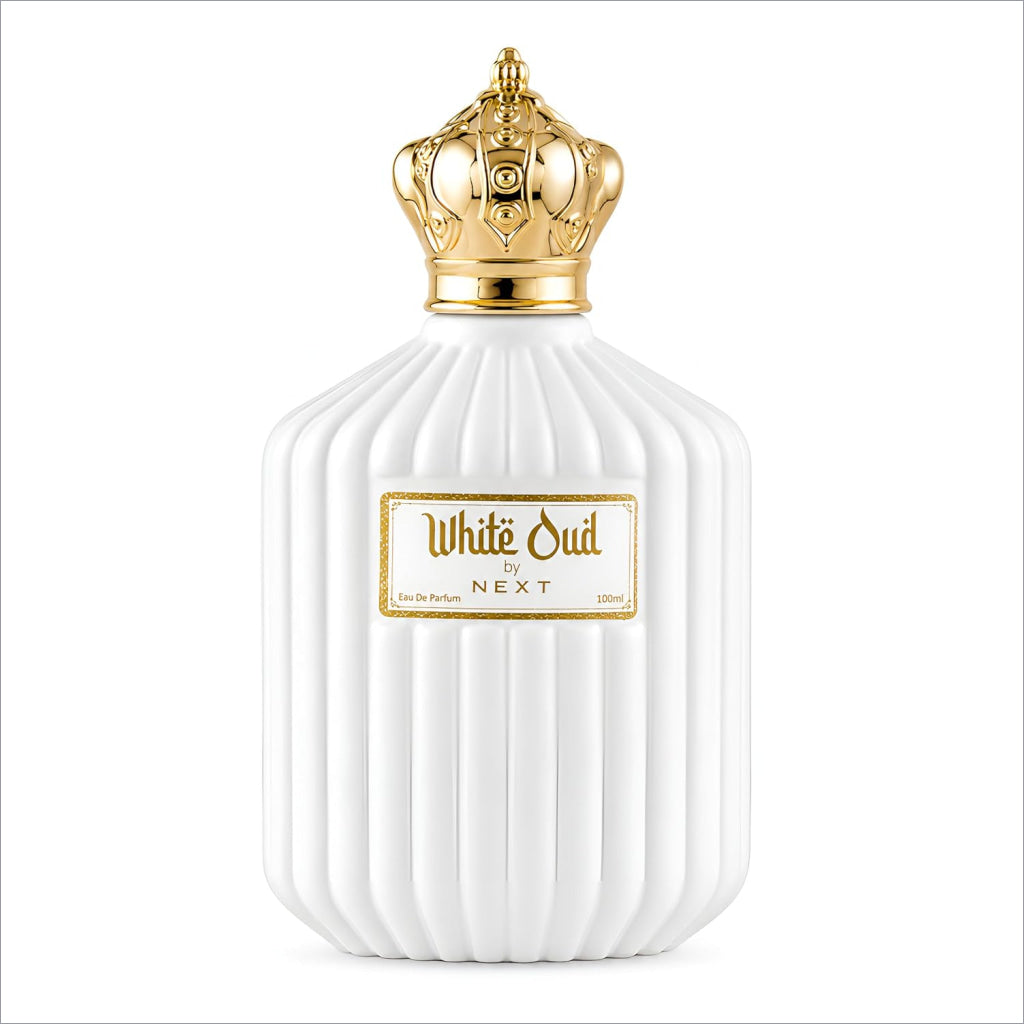White oud perfume in a white ceramic bottle with gold crown cap and ribbed design by Next for skin care use
