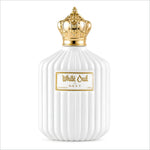 White oud perfume in a white ceramic bottle with gold crown cap and ribbed design by Next for skin care use