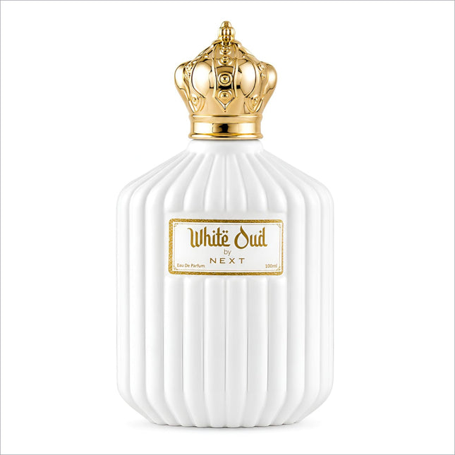 White oud perfume in a white ceramic bottle with gold crown cap and ribbed design by Next for skin care use