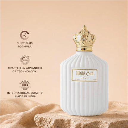 White oud perfume in a white ceramic bottle with ribbed texture and gold crown cap by next for skin care use