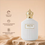 White oud perfume in a white ceramic bottle with ribbed texture and gold crown cap by next for skin care use