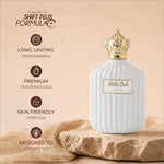 White oud perfume in a white ceramic bottle with gold crown cap and ribbed design for skin care use