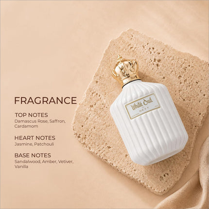 White ribbed perfume bottle with golden crown cap labeled white oud next for skin care and fragrance use