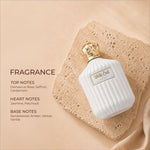 White ribbed perfume bottle with golden crown cap labeled white oud next for skin care and fragrance use