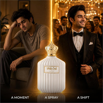 Next white oud eau de perfume bottle with ribbed white glass body and gold crown cap for skin care and perfume use