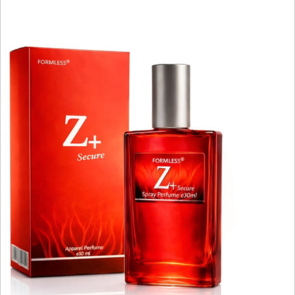 Red glass bottle of next z+ eau de perfume with silver cap and matching red box ideal for korean skin care and perfume use