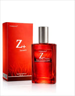 Red glass bottle of next z+ eau de perfume with silver cap and matching red box ideal for korean skin care and perfume use