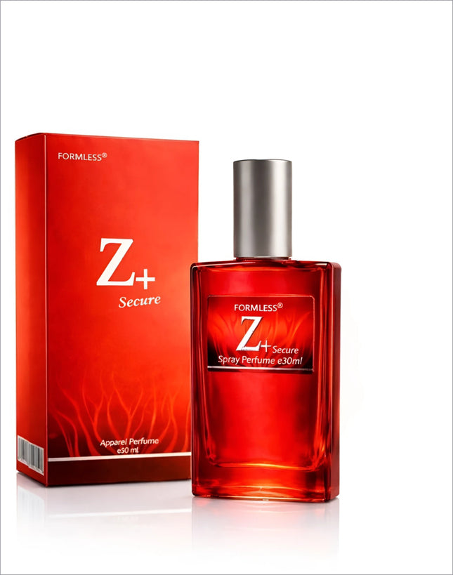 Red glass bottle of next z+ eau de perfume with silver cap and matching red box ideal for korean skin care and perfume use
