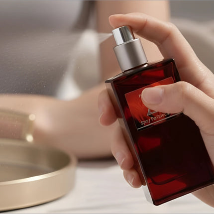 A sleek rectangular bottle of deep red next z plus eau de perfume with a silver nozzle for korean skin care use
