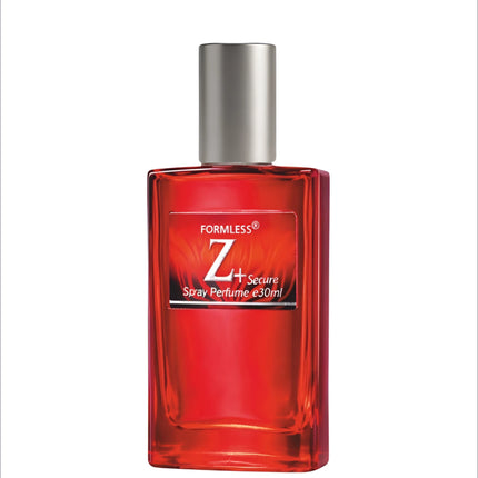 A vibrant red glass perfume bottle with silver cap labeled formless z plus secure spray 30ml in next z plus eau de perfume for korean skin care