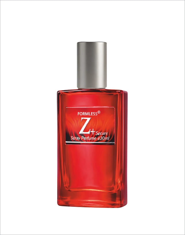 A vibrant red glass perfume bottle with silver cap labeled formless z plus secure spray 30ml in next z plus eau de perfume for korean skin care