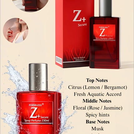 Red glass bottle of next z+ eau de perfume formless secure spray with silver cap and label for korean skin care perfume