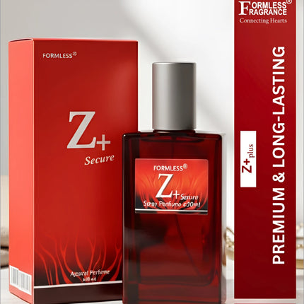 Red glass bottle of next z+ eau de perfume with silver cap and matching red box for korean skin care fragrance