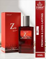 Red glass bottle of next z+ eau de perfume with silver cap and matching red box for korean skin care fragrance