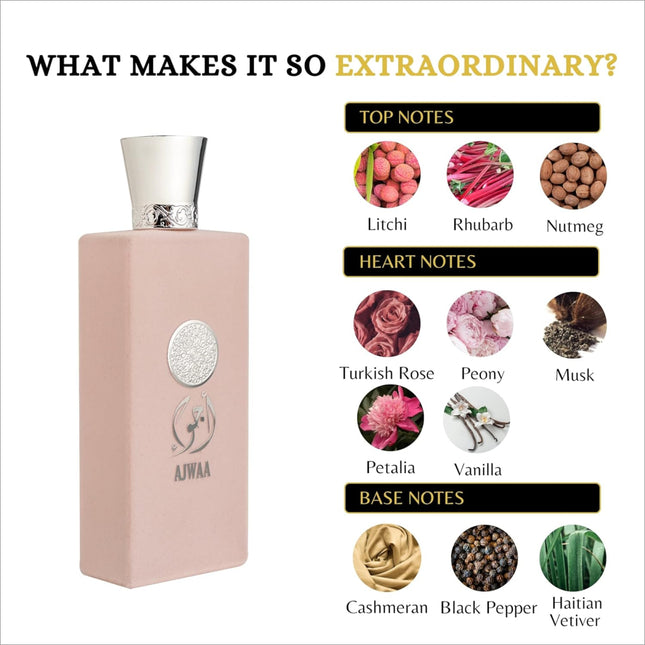 Elegant glass bottle of Nusuk Ajwaa Roses Eau De Parfum, a long lasting perfume that features a blend of patchouli, musk, and cedarwood for depth.