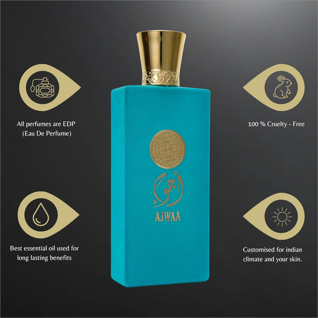 Close-up of Nusuk Ajwaa Turquoise Eau De Parfum bottle, showcasing its elegant design and representing a unisex long lasting perfume ideal for daily wear.
