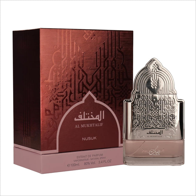 Nusuk Al Mukhtalif Women Extrait De Parfum 100ml, featuring a bold feminine fragrance with juicy fruits, aromatic greens, and warm woods.