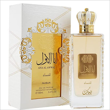 Nusuk Ana Al Awwal Gold Long Lasting 100ml Perfume, showcasing a fruity floral musky fragrance with soothing notes.