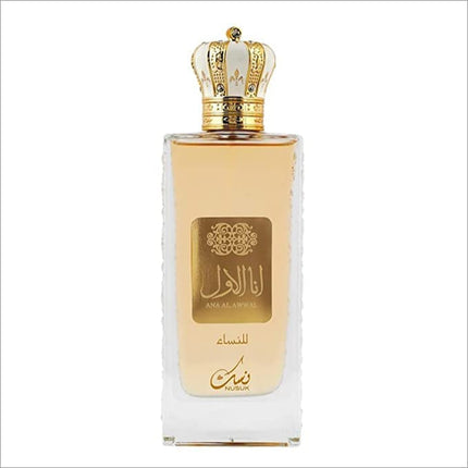Elegant packaging of Nusuk Ana Al Awwal Gold Long Lasting 100ml Women Perfume, ideal for fruity floral musky fragrance lovers.