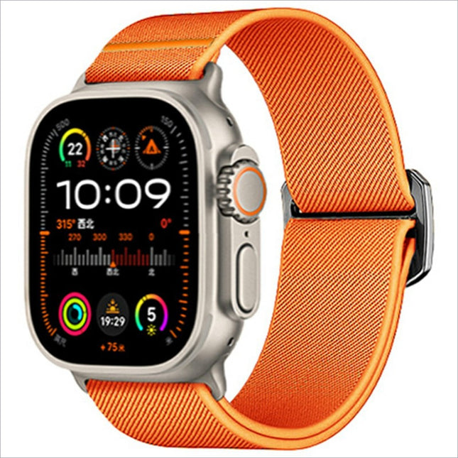 Vibrant orange nylon strap with silver-tone metal clasp for apple watch ultra and apple watch series models