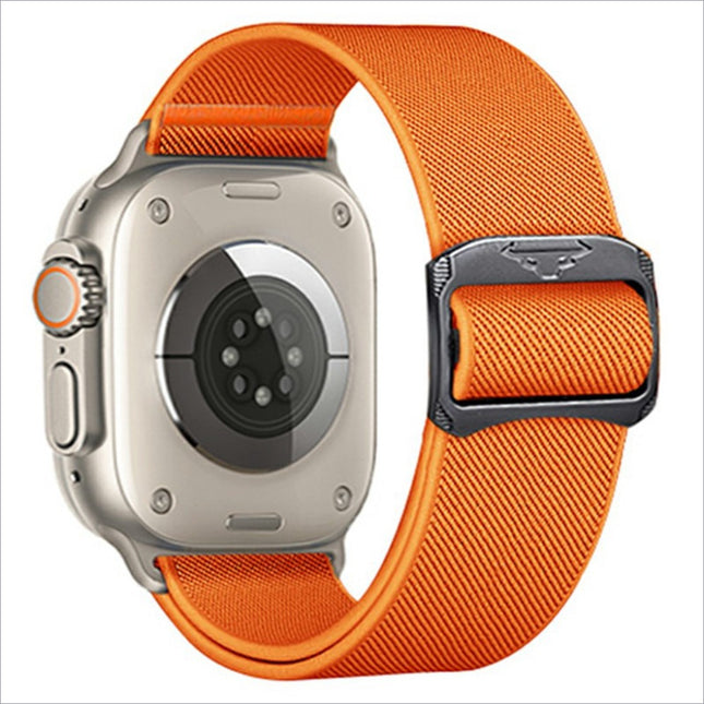 Vibrant orange nylon strap for apple watch ultra with woven fabric and sleek black metal buckle for secure fit